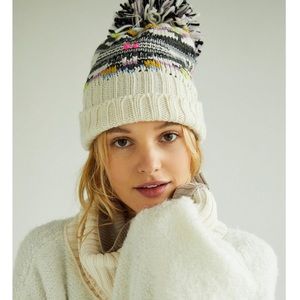 Free People Cream Knit Hat with Pom-Pom